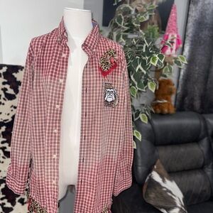 Custom Red Plaid Button-Up Shirt with Patches (Georgia bulldogs)